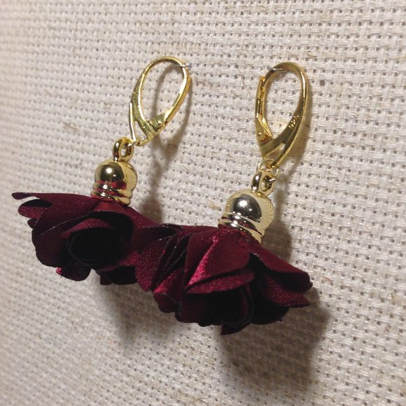 Romantic Ruby Rose Satin Flower Fluff Earrings - Picture 4 of 6